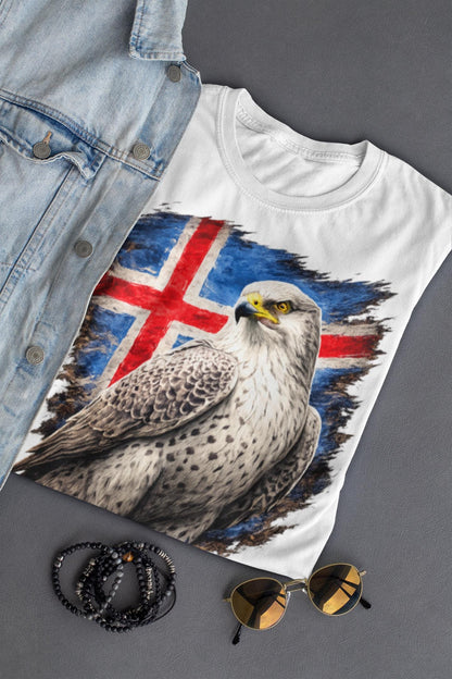 Icelandic Gyrfalcon & Flag T-Shirt - National Bird Brushstroke Art