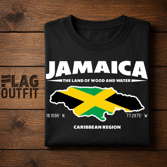 Jamaica 'The Land of Wood and Water' Map T-Shirt - Flag & GPS Coordinates Art