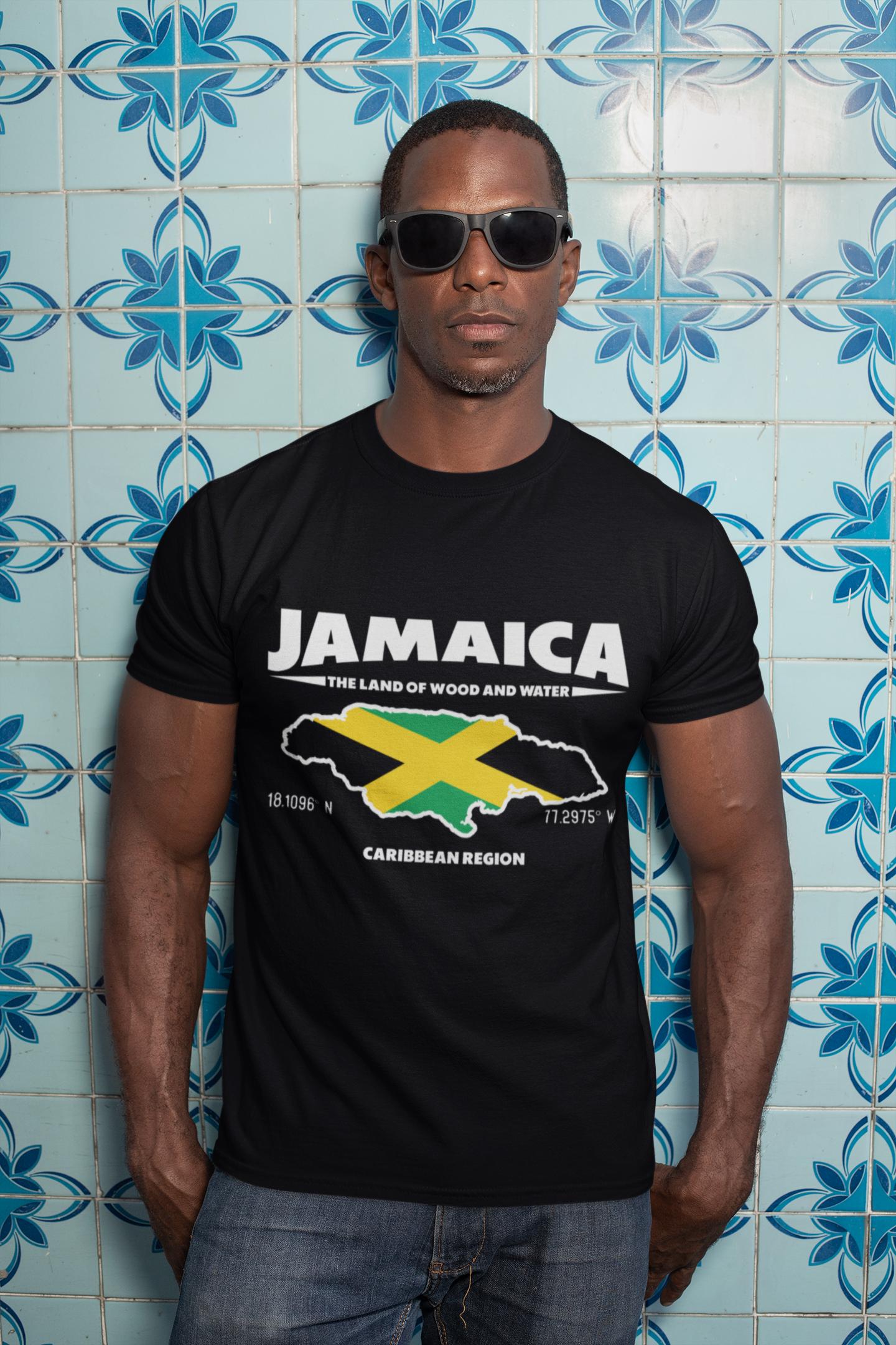 Jamaica 'The Land of Wood and Water' Map T-Shirt - Flag & GPS Coordinates Art