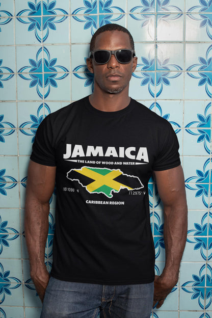 Jamaica 'The Land of Wood and Water' Map T-Shirt - Flag & GPS Coordinates Art