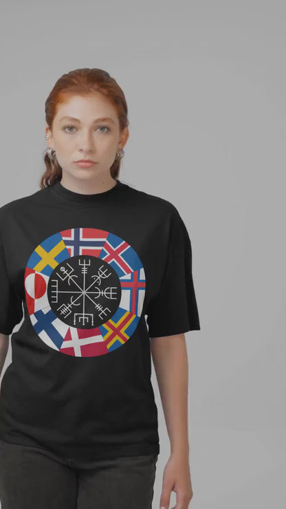 Nordic Flags Circle T-Shirt - Viking Compass Vegvísir & Scandinavian Heritage