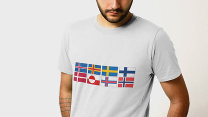 Complete 8 Nordic Flags Grid T-Shirt - Iceland, Åland, Sweden, Finland, Denmark, Greenland, Faroe Islands & Norway