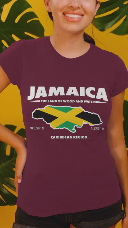 Jamaica 'The Land of Wood and Water' Map T-Shirt - Flag & GPS Coordinates Art