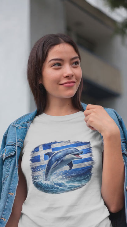 Greece Flag & Leaping Dolphin Art T-Shirt - Mediterranean Sea Greek Pride