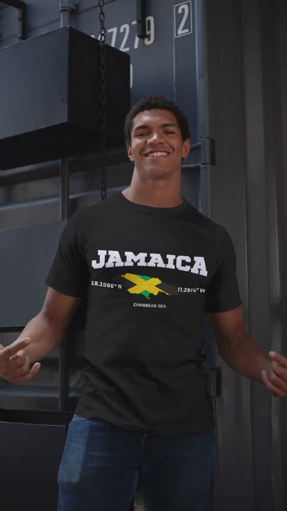 Jamaica Map & Flag T-Shirt with GPS Coordinates (18.1096 N, 77.2975 W) - Caribbean Sea Art