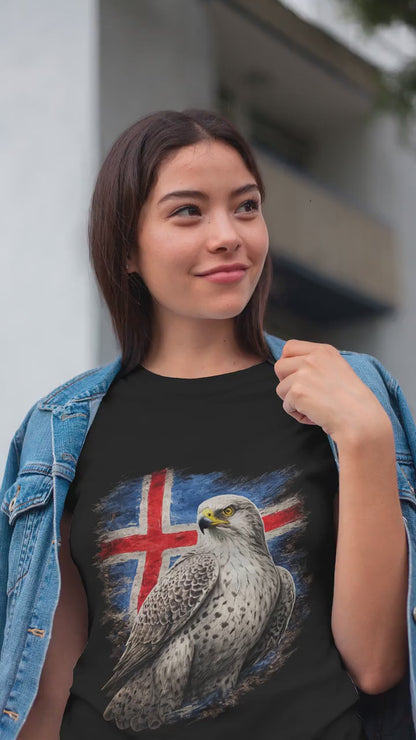 Icelandic Gyrfalcon & Flag T-Shirt - National Bird Brushstroke Art