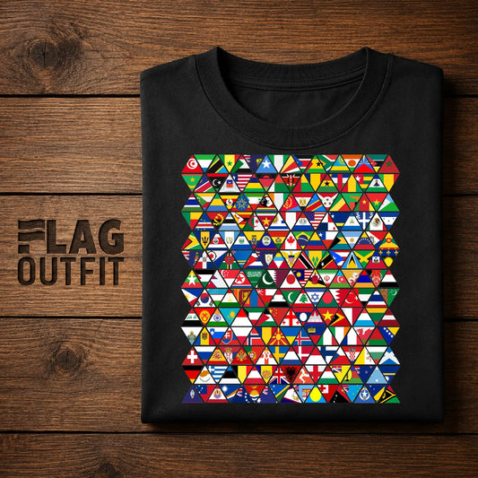 World Flags Triangle Mosaic T-Shirt | Country Flags Geometric Design | Geography Lover Gift | Travel Enthusiast Shirt