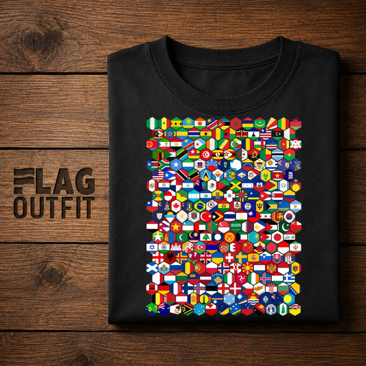 World Flags Hexagon T-Shirt | Global Country Flags Shirt | Geography Lover Gift | Travel Enthusiast Tee