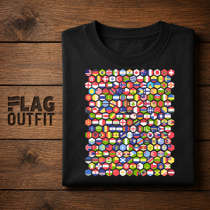 Hexagon World Flags T-Shirt | Global Flag Mosaic Shirt | Country Flags Design | Geography Lover Gift | Travel Tee